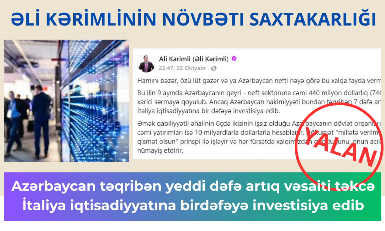Əli Kərimlinin növbəti saxtakarlığı: “Azərbaycan təqribən yeddi dəfə artıq vəsaiti təkcə İtaliya iqtisadiyyatına birdəfəyə investisiya edib”