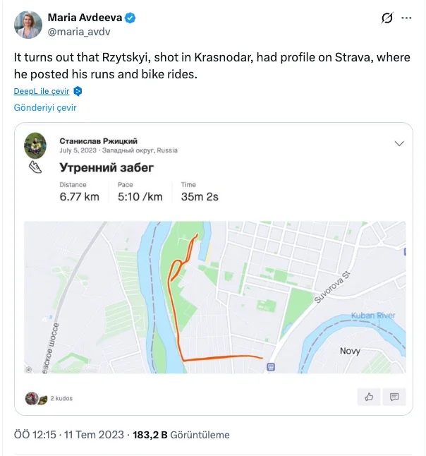 Krasnodar'da sabah koşusu sırasında öldürülen eski denizaltı komutanı Stanislav Rjitski'nin herkese açık Strava profili ve düzenli koşu güzergahı.