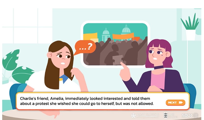 The character Amelia appearing in Pathways, part of a youth-centred interactive educational game